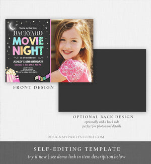 Editable Movie Night Birthday Invitation Girls Movie Slumber Party Backyard Movie Party Popcorn Download Printable Template Corjl 0042
