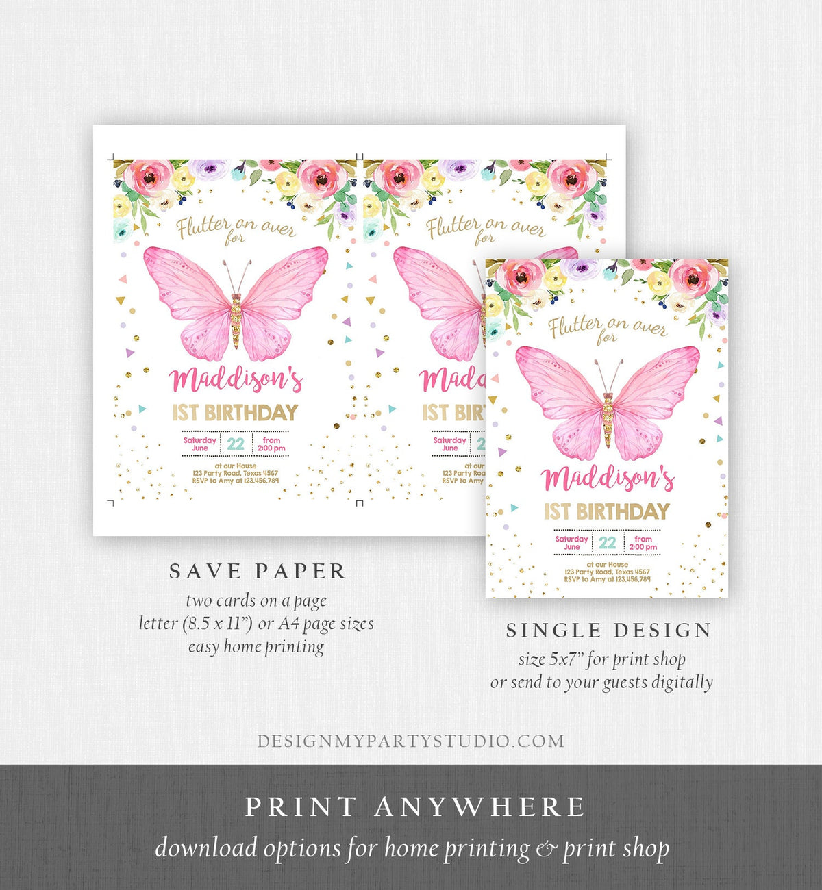 Editable Butterfly Birthday Invitation Butterfly Invitation Garden Floral Flowers Pink Gold Girl Download Printable Template Corjl 0162