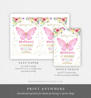 Editable Butterfly Birthday Invitation Butterfly Invitation Garden Floral Flowers Pink Gold Girl Download Printable Template Corjl 0162