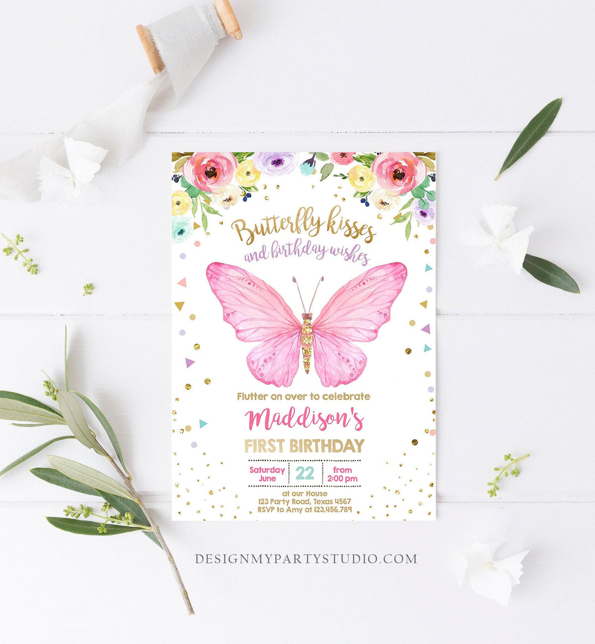 Editable Butterfly Birthday Invitation Butterfly Invitation Garden Floral Flowers Pink Gold Girl Digital Download Template Printable 0162
