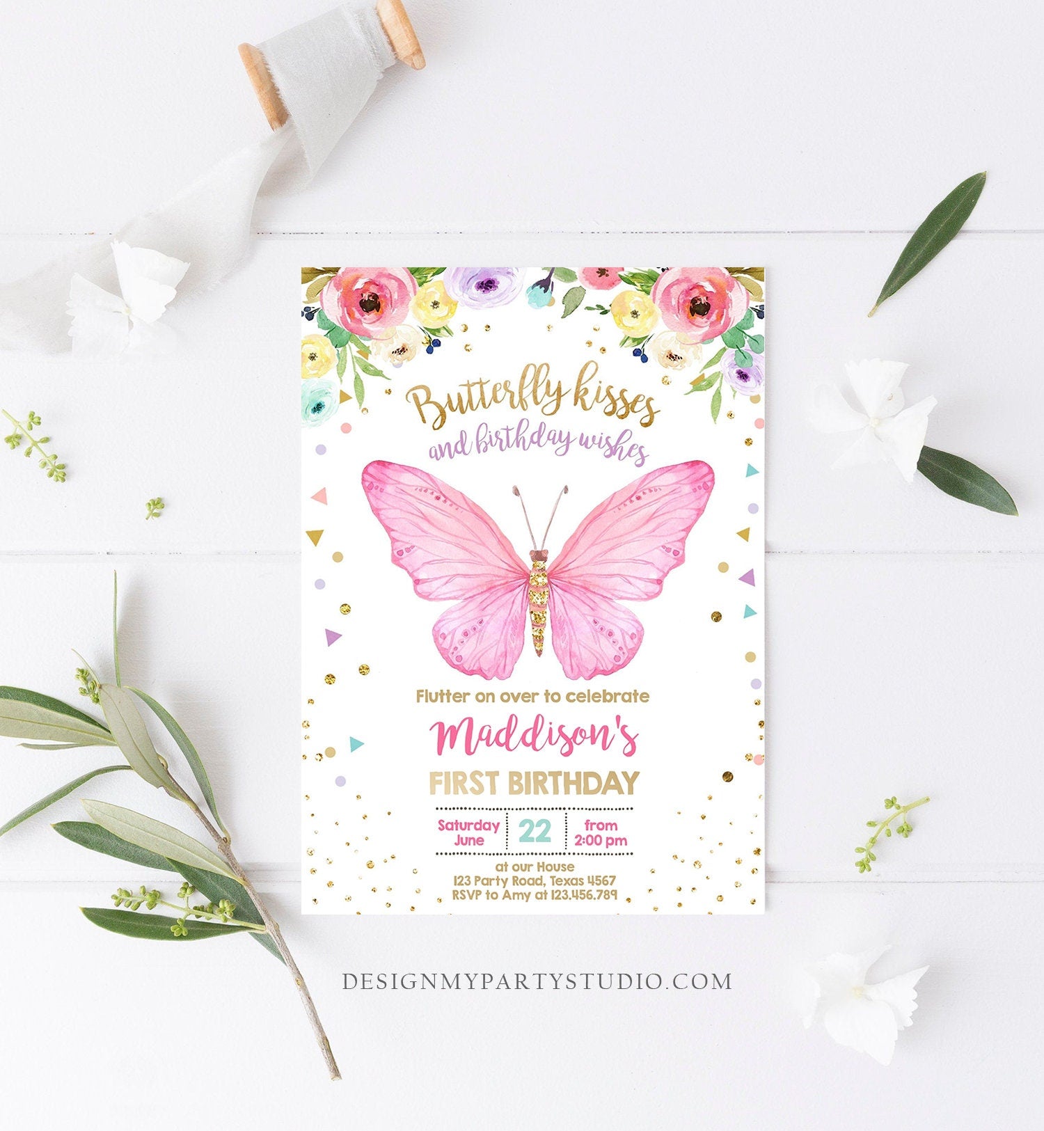 Editable Butterfly Birthday Invitation Butterfly Invitation Garden Floral Flowers Pink Gold Girl Digital Download Template Printable 0162