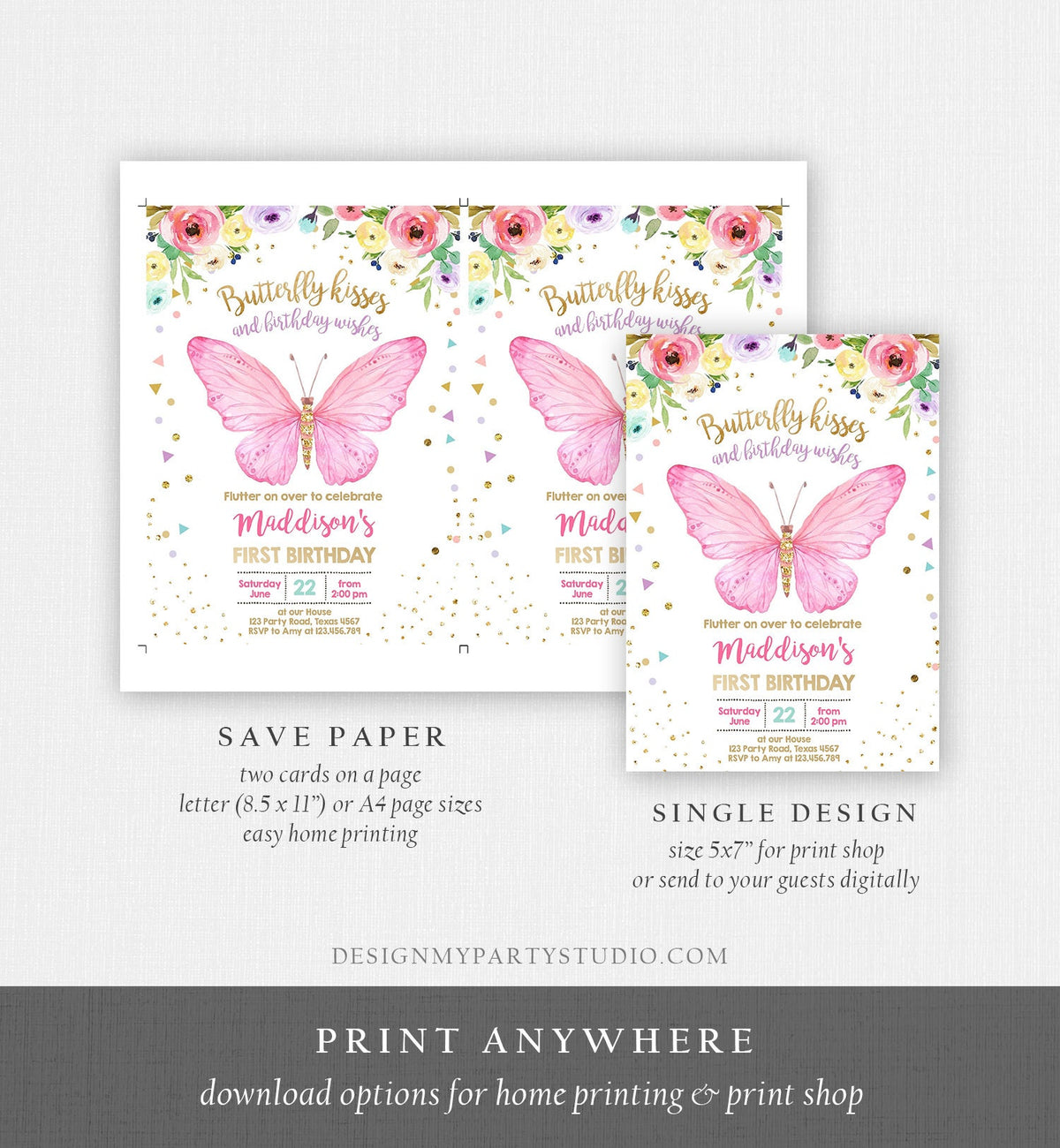 Editable Butterfly Birthday Invitation Butterfly Invitation Garden Floral Flowers Pink Gold Girl Digital Download Template Printable 0162