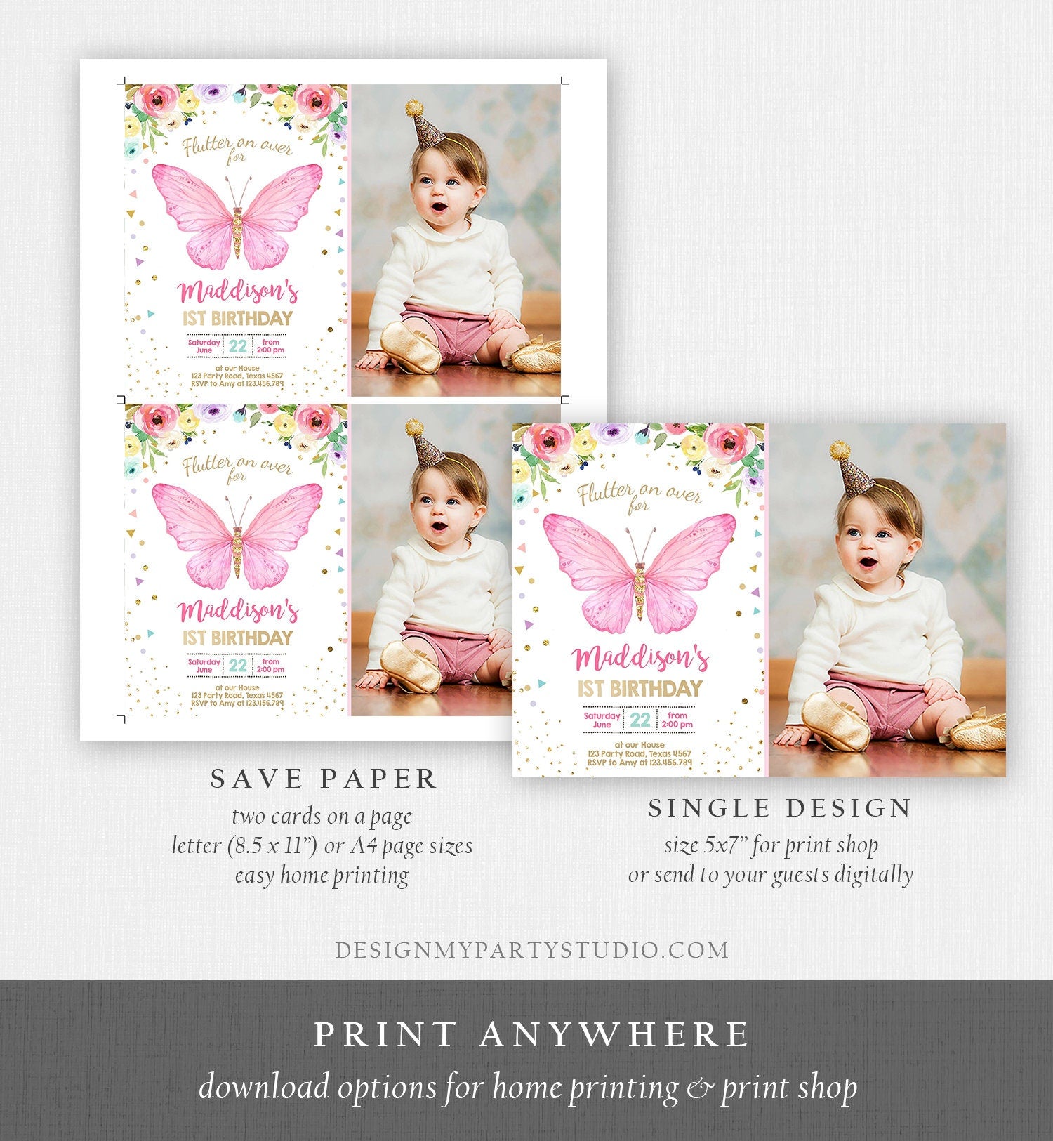 Editable Butterfly Birthday Invitation Butterfly Invitation Garden Floral Flowers Pink Gold Girl Download Printable Template Evite 0162