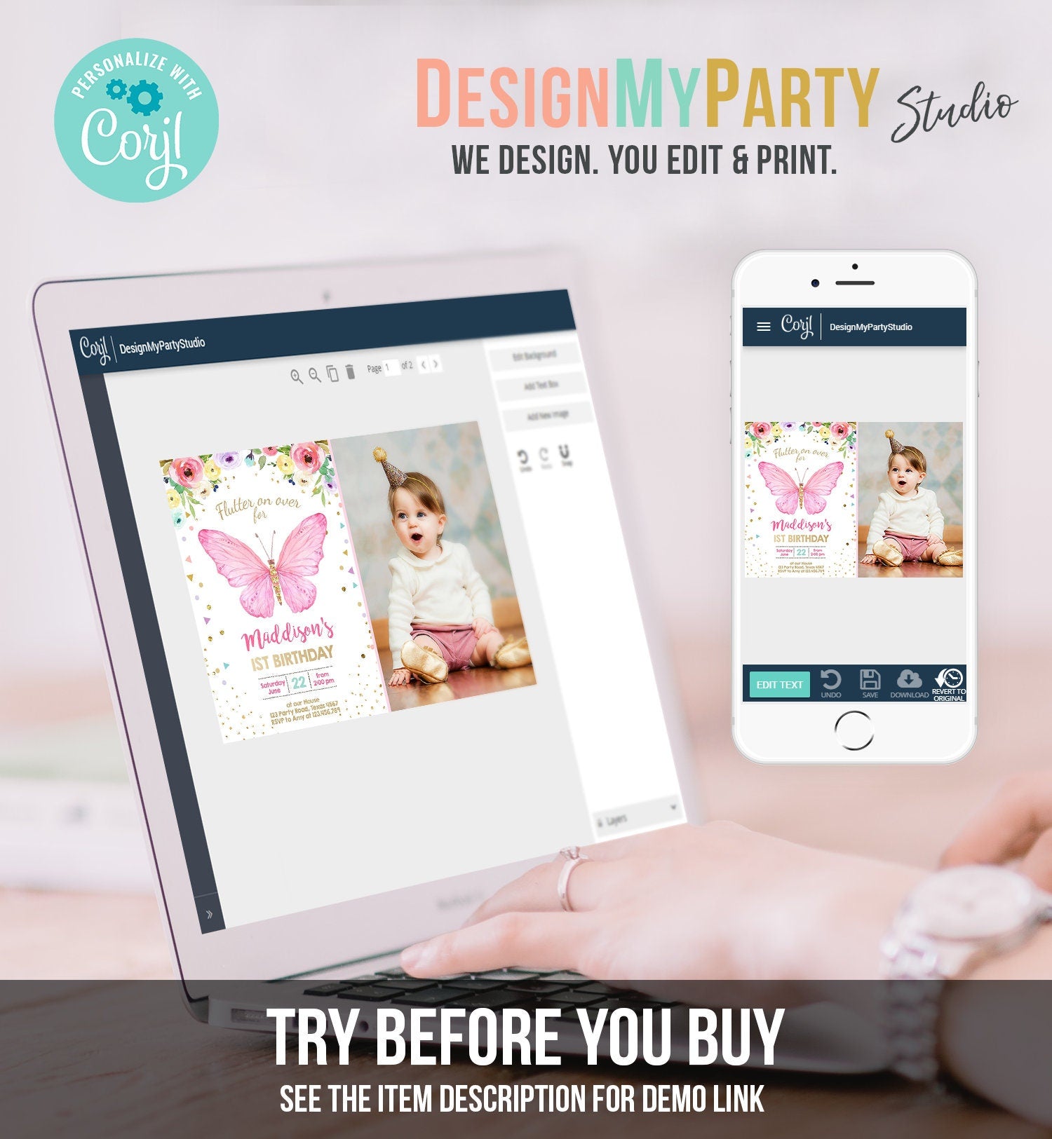 Editable Butterfly Birthday Invitation Butterfly Invitation Garden Floral Flowers Pink Gold Girl Download Printable Template Evite 0162