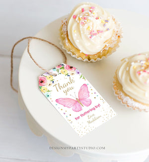 Editable Butterfly Favor Tags Butterfly Birthday Thank you tags Garden Shower Pink Gold Girl Fluttering By Floral Template PRINTABLE 0162