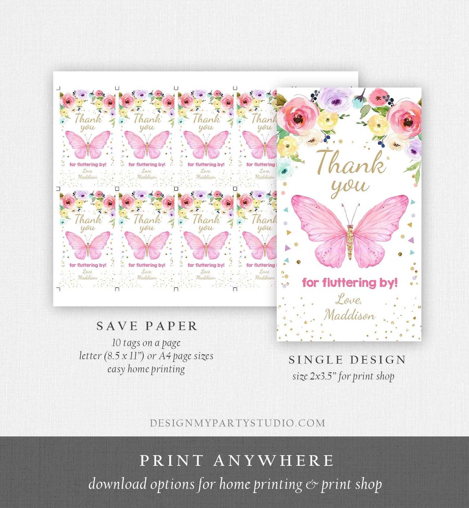 Editable Butterfly Favor Tags Butterfly Birthday Thank you tags Garden Shower Pink Gold Girl Fluttering By Digital Template Printable 0162