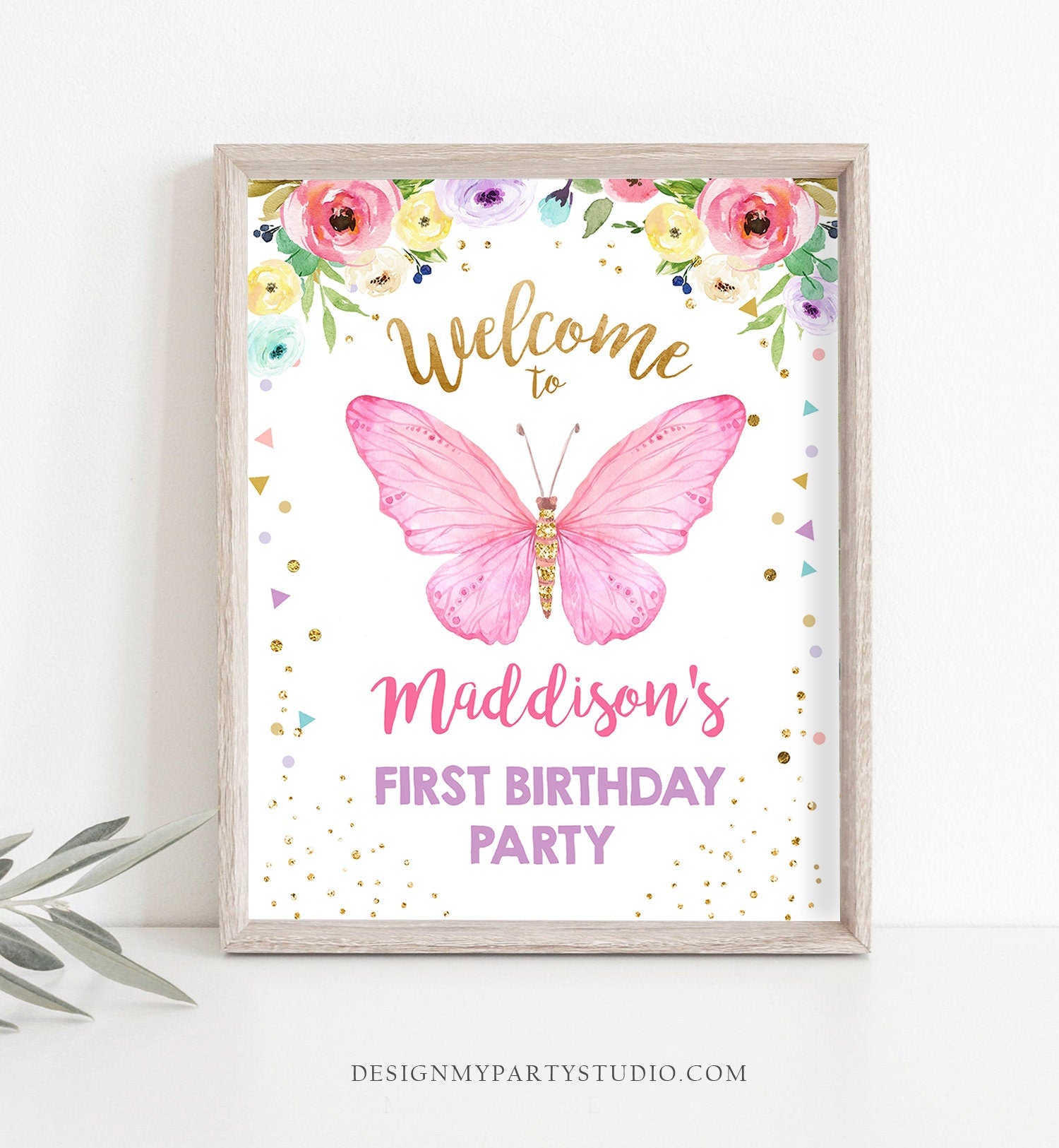 Editable Butterfly Welcome Sign Butterfly Birthday Party Butterfly Welcome Garden Girl Pink Gold Floral Corjl Template Printable 0162