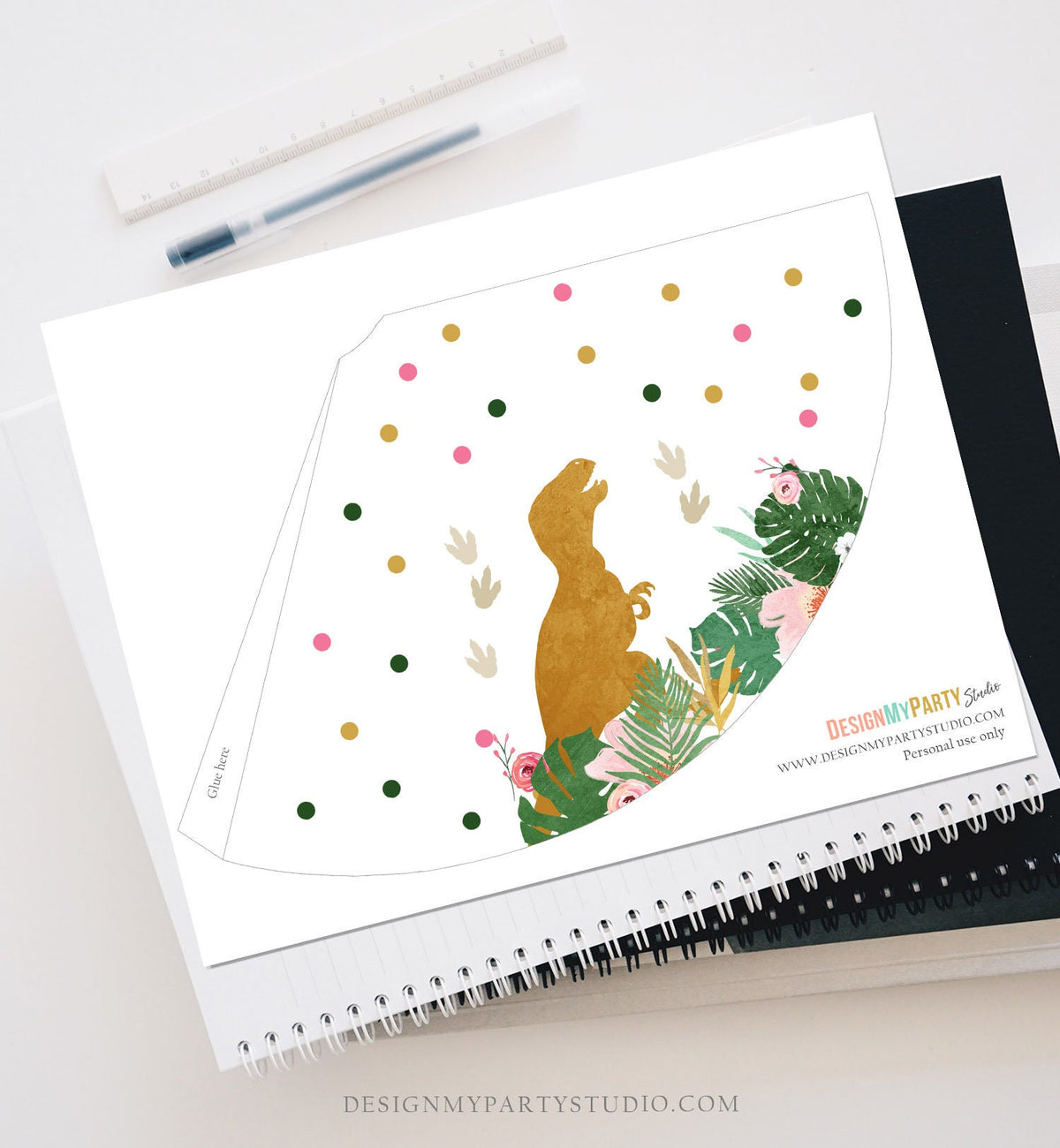 Printable Party Hats Party Girl Dinosaur Birthday Party Decor Dino Pink Gold Birthday Dinosaur Decor DIY PRINTABLE Digital Download 0146