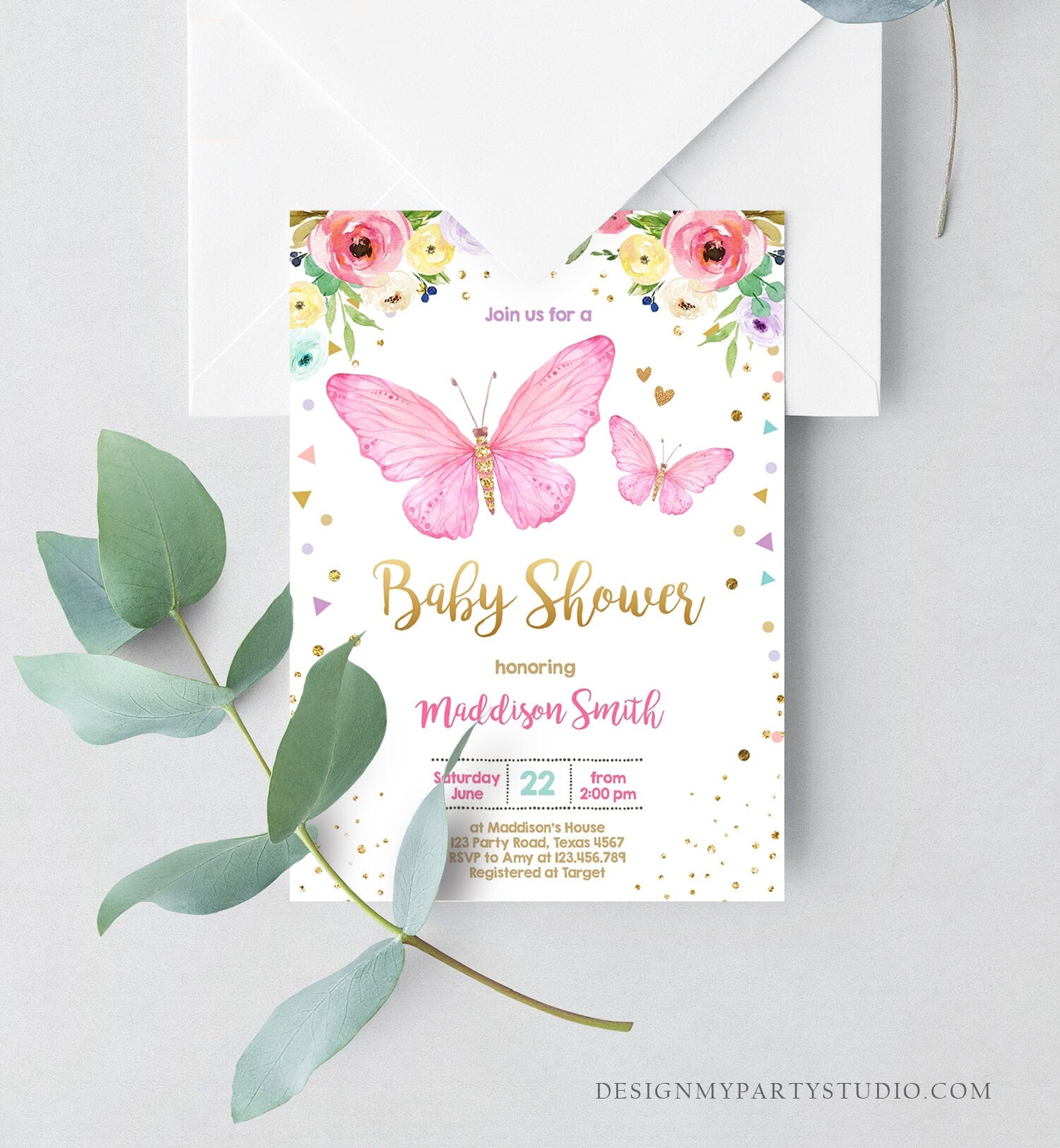 Editable Butterfly Baby Shower Invitation Butterfly Invitation Garden Floral Flowers Pink Gold Girl Download Printable Template Corjl 0162