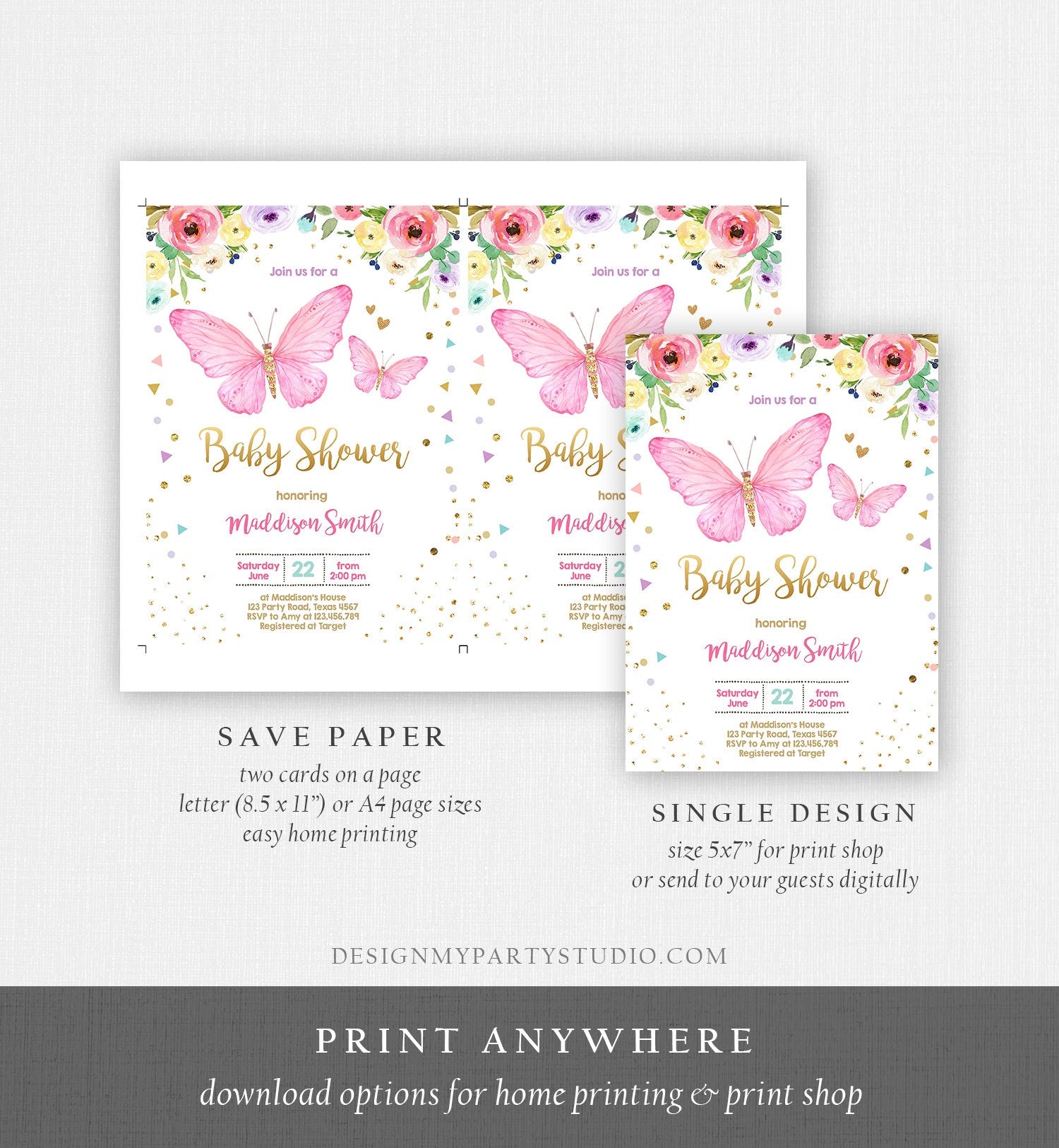 Editable Butterfly Baby Shower Invitation Butterfly Invitation Garden Floral Flowers Pink Gold Girl Download Printable Template Evite 0162