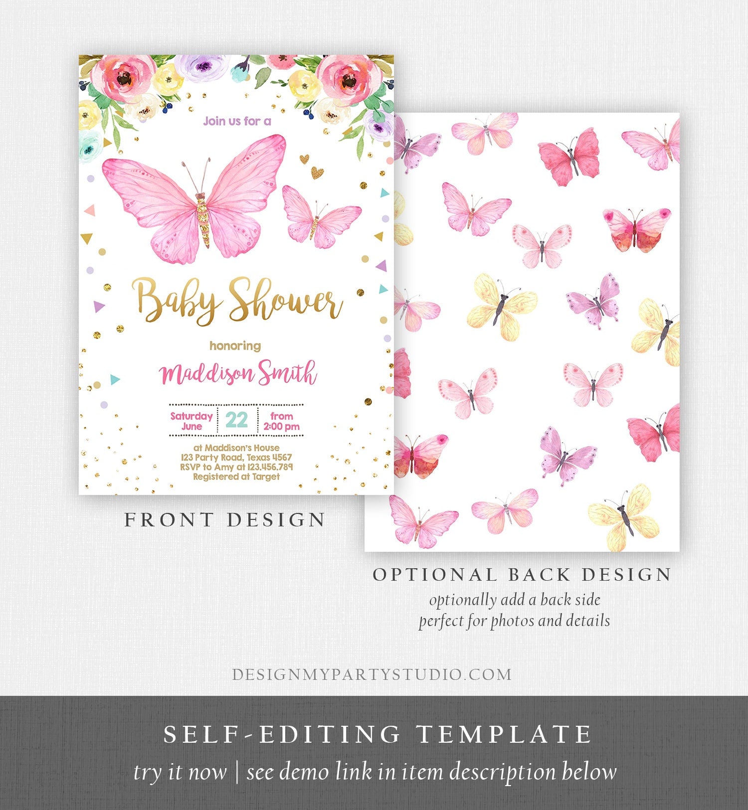Editable Butterfly Baby Shower Invitation Butterfly Invitation Garden Floral Flowers Pink Gold Girl Download Printable Template Evite 0162