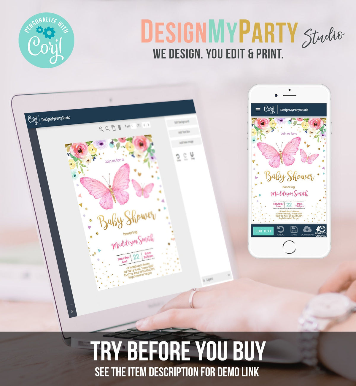 Editable Butterfly Baby Shower Invitation Butterfly Invitation Garden Floral Flowers Pink Gold Girl Download Printable Template Evite 0162