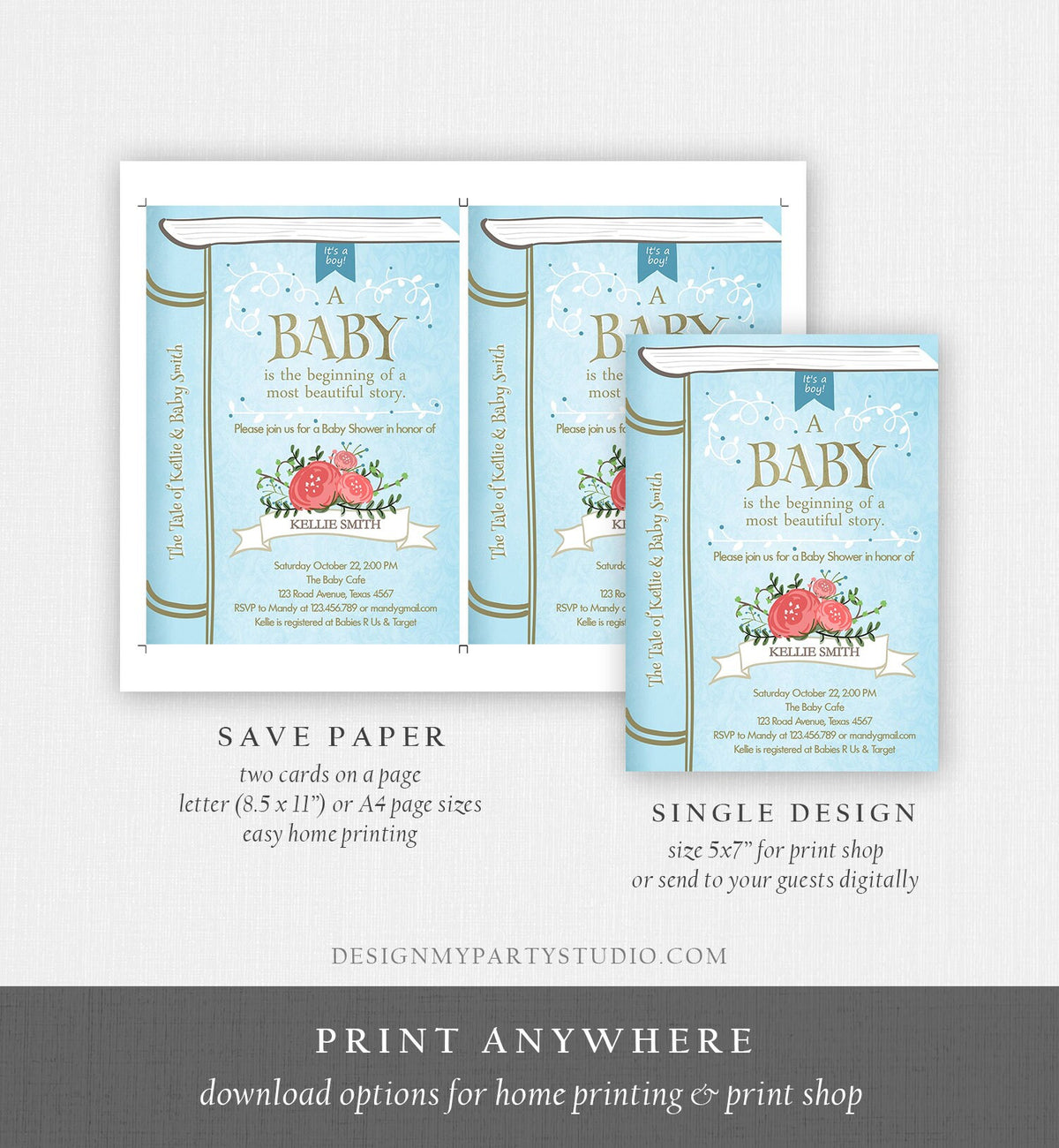 Editable Vintage Storybook Baby Shower Invitation Blue and Gold Once Upon a Time Boy Book Baby Shower Corjl Template Instant Download 0023