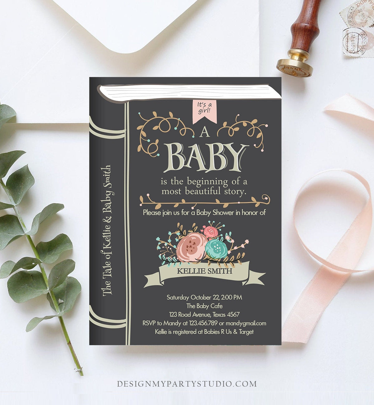 Editable Vintage Storybook Baby Shower Invitation Pink Girl Once Upon a Time Invitation Book Baby Shower Template Download Corjl 0023