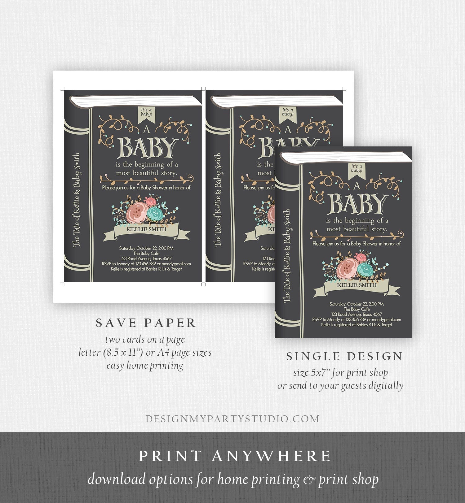Editable Vintage Storybook Baby Shower Invitation Gender Neutral Once Upon a Time Invitation Book baby Shower Template Download Corjl 0023