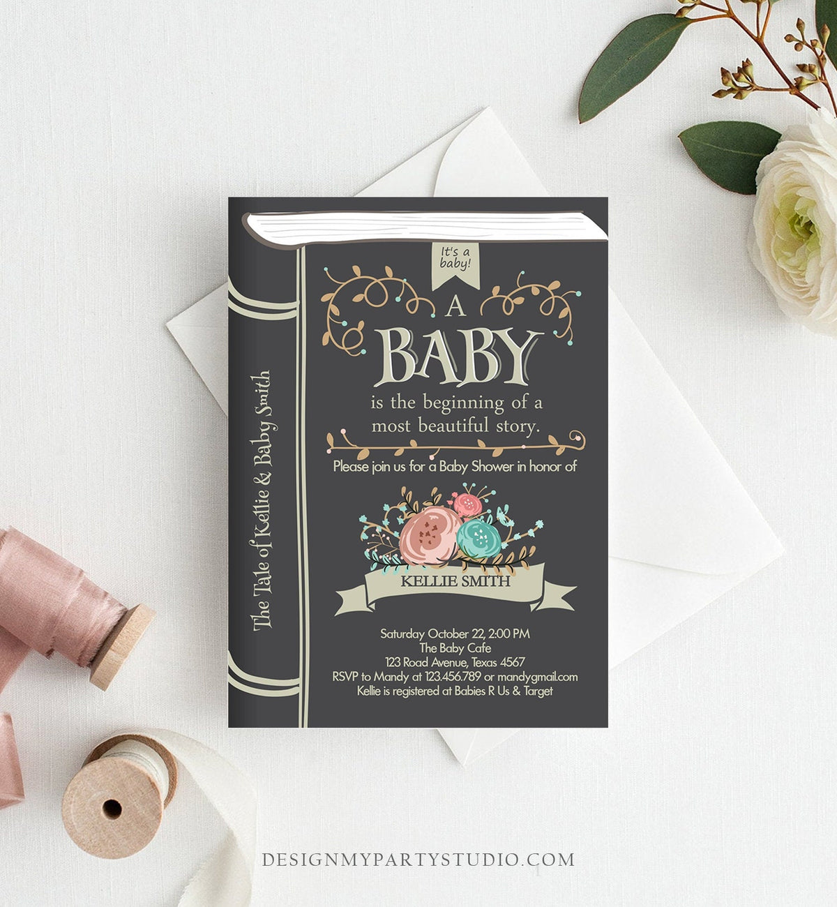 Editable Vintage Storybook Baby Shower Invitation Gender Neutral Once Upon a Time Invitation Book baby Shower Template Download Corjl 0023