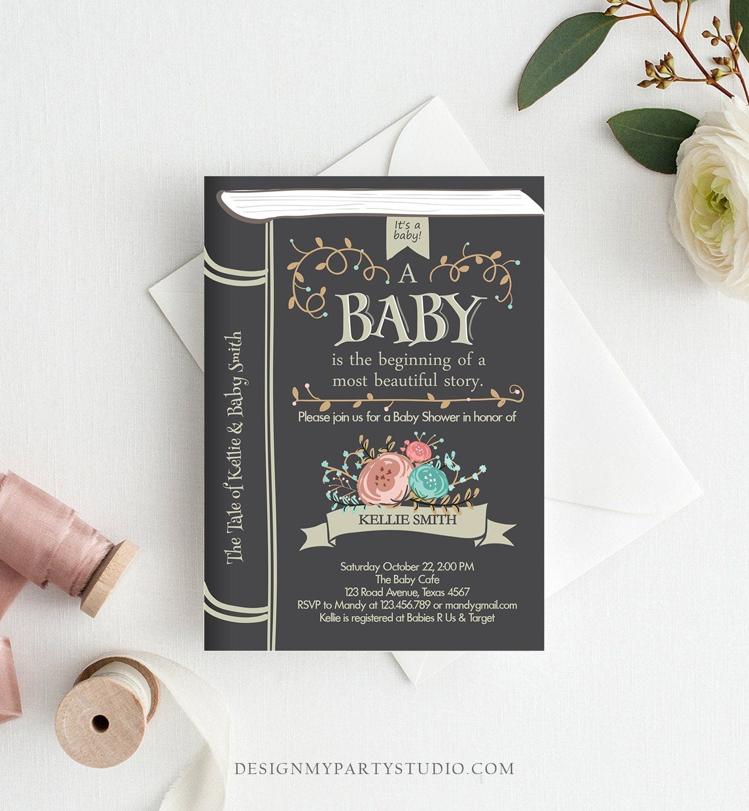 Editable Vintage Storybook Baby Shower Invitation Gender Neutral Once Upon a Time Invitation Book baby Shower Template Download Corjl 0023