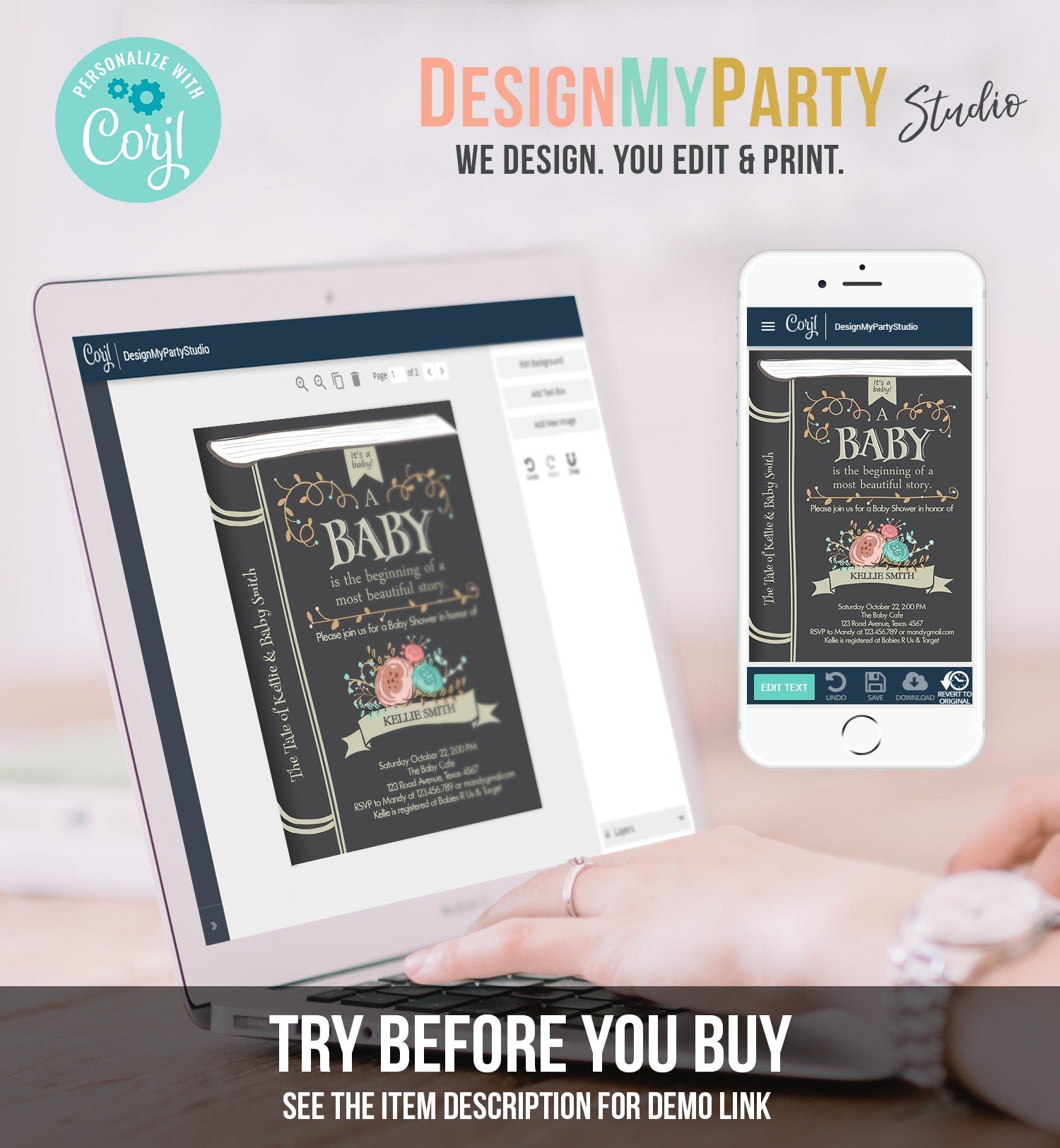 Editable Vintage Storybook Baby Shower Invitation Gender Neutral Once Upon a Time Invitation Book baby Shower Template Download Corjl 0023