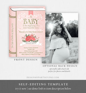 Editable Vintage Storybook Baby Shower Invitation Pink and Gold Once Upon a Time Girl Invitation Book Template Instant Corjl Download 0023