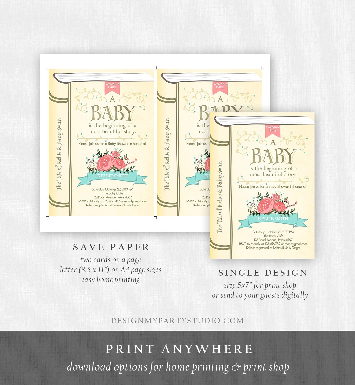 Editable Vintage Storybook Baby Shower Invitation Once Upon a Time Gender Neutral Invitation Template Instant Download Digital Corjl 0023