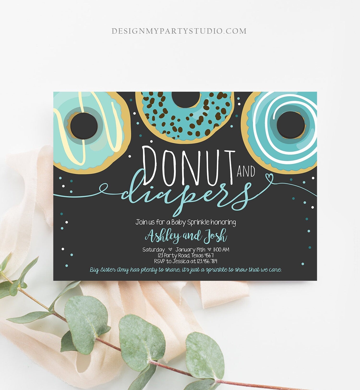 Editable Donut and Diapers Baby Shower Invitation Sprinkle Sprinkled With Love Coed Boy Blue Pastel Download Printable Corj Template 0050