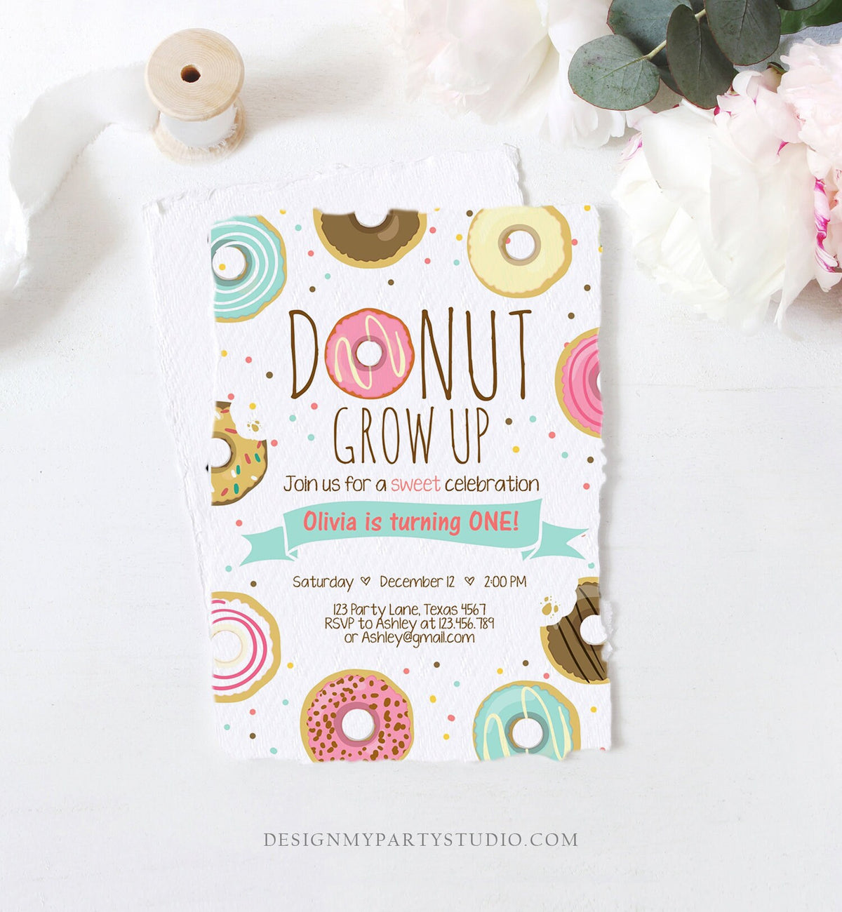 Editable Donut Grow Up Birthday Invitation First Birthday Party Pink Girl Doughnut Sweet Digital Download Printable Template Corjl 0050