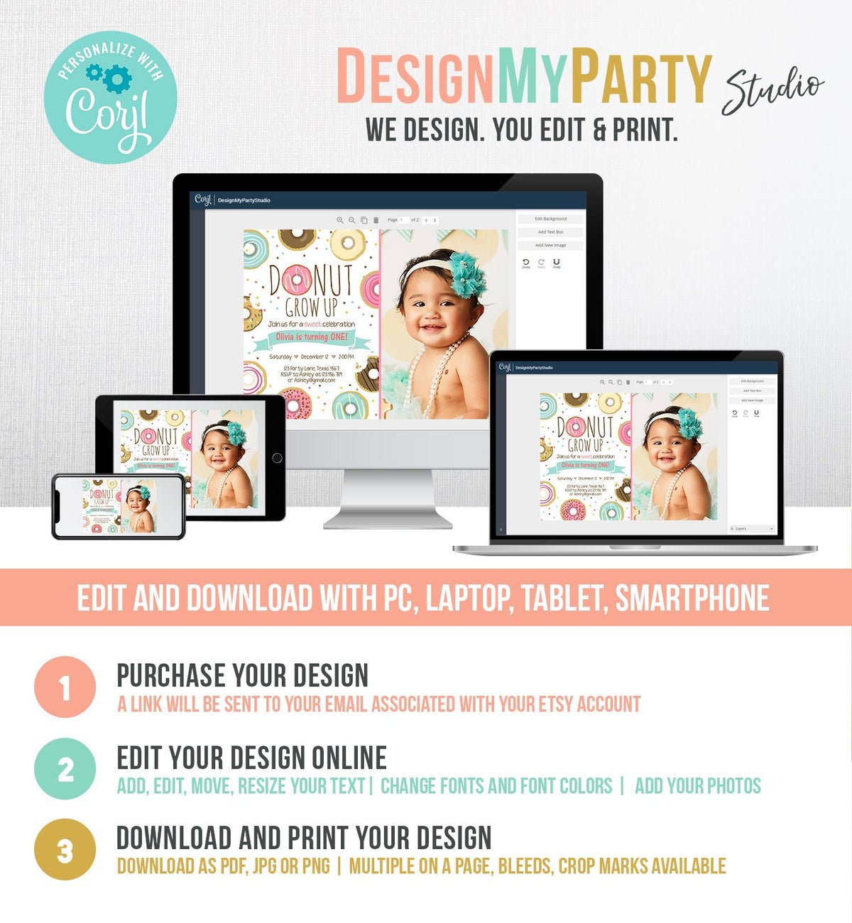 Editable Donut Grow Up Birthday Invitation First Birthday Party Pink Girl Two Sweet One Digital Download Printable Template Evite 0050