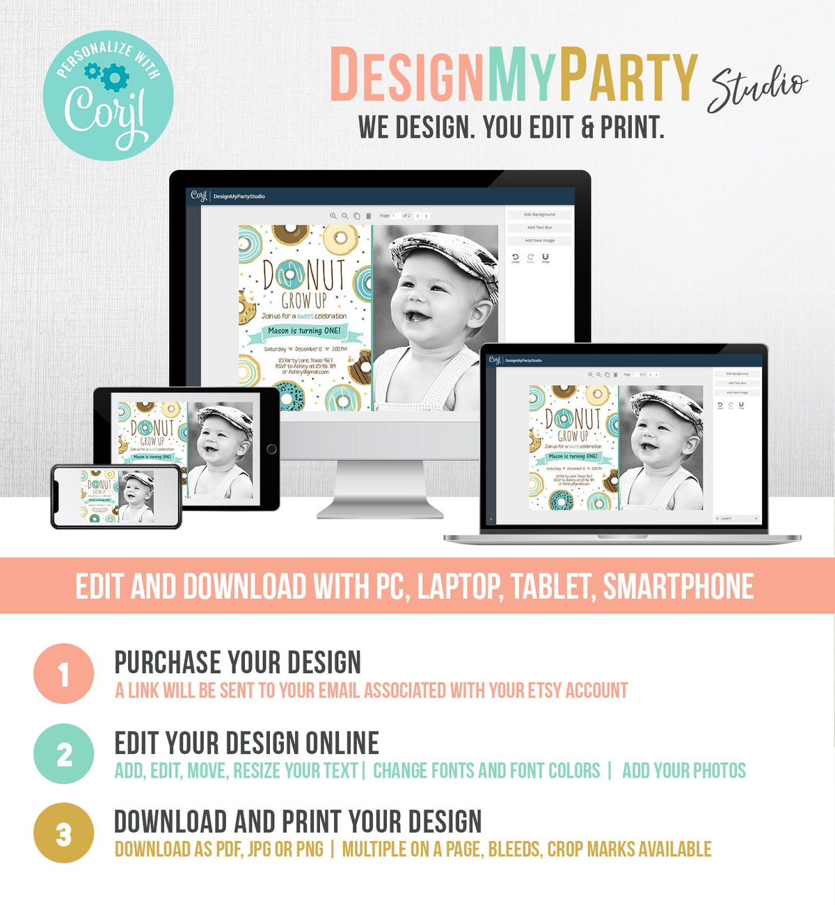 Editable Donut Grow Up Birthday Invitation First Birthday Party Blue Boy Doughnut 1st Pastel Photo Download Printable Template Corjl 0050