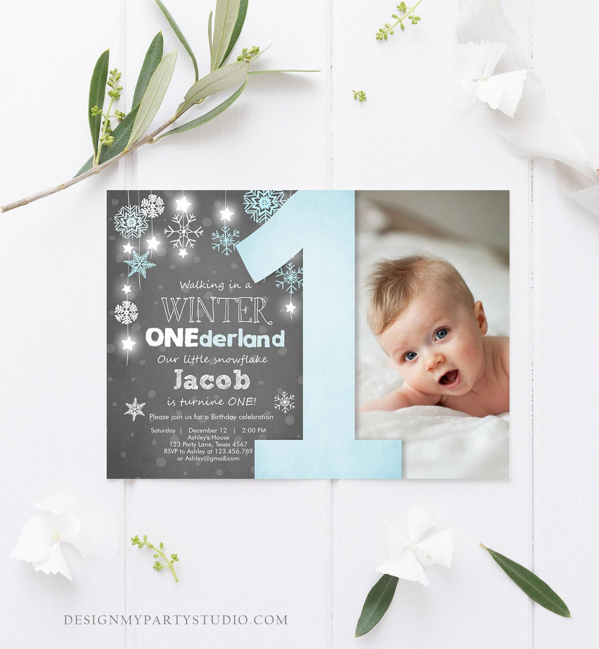 Editable Winter ONEderland Birthday Invitation Blue Boy First Birthday Snowflake Download Digital Download Evite Template Printable 0057