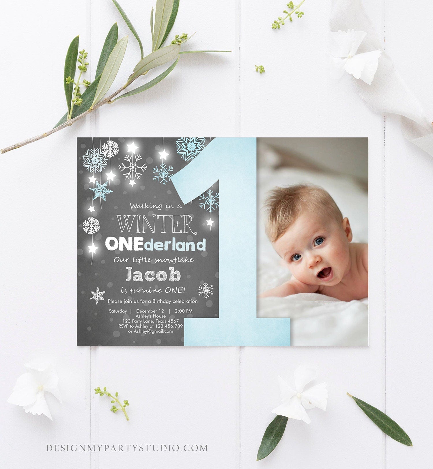 Editable Winter ONEderland Birthday Invitation Blue Boy First Birthday Snowflake Download Digital Download Evite Template Printable 0057