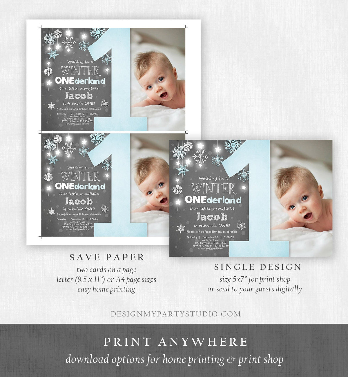 Editable Winter ONEderland Birthday Invitation Blue Boy First Birthday Snowflake Download Digital Download Evite Template Printable 0057