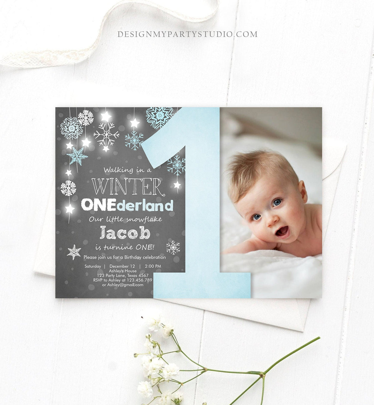 Editable Winter ONEderland Birthday Invitation Blue Boy First Birthday Snowflake Download Digital Download Evite Template Printable 0057