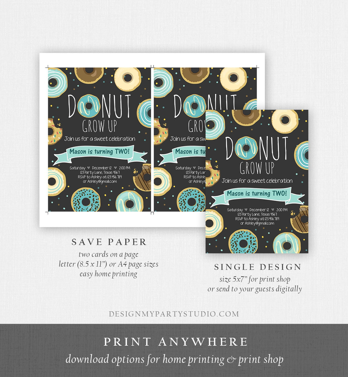Editable Donut Grow Up Birthday Invitation First Birthday Party Blue Boy Doughnut 1st Pastel Chalk Download Printable Template Evite 0050