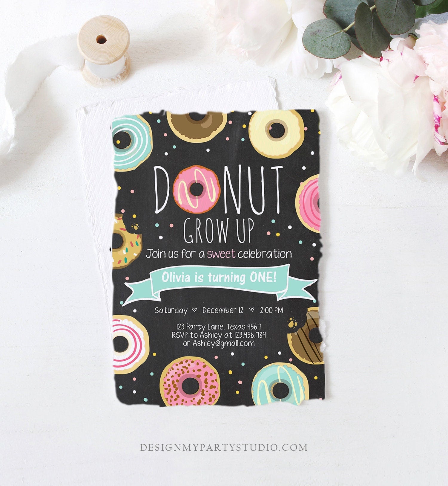 Editable Donut Grow Up Birthday Invitation First Birthday Party Pink Girl Doughnut Chalk Digital Download Printable Template Corjl 0050