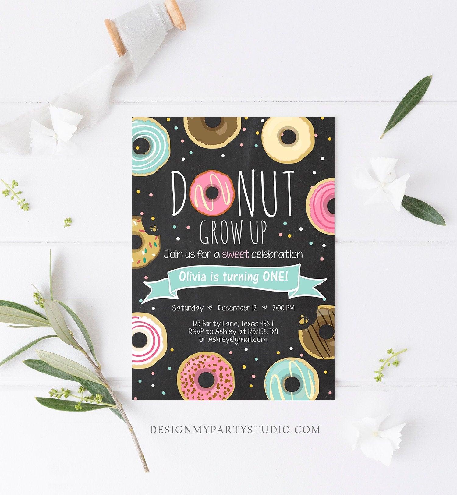 Editable Donut Grow Up Birthday Invitation First Birthday Party Pink Girl Doughnut Chalk Digital Download Printable Template Corjl 0050