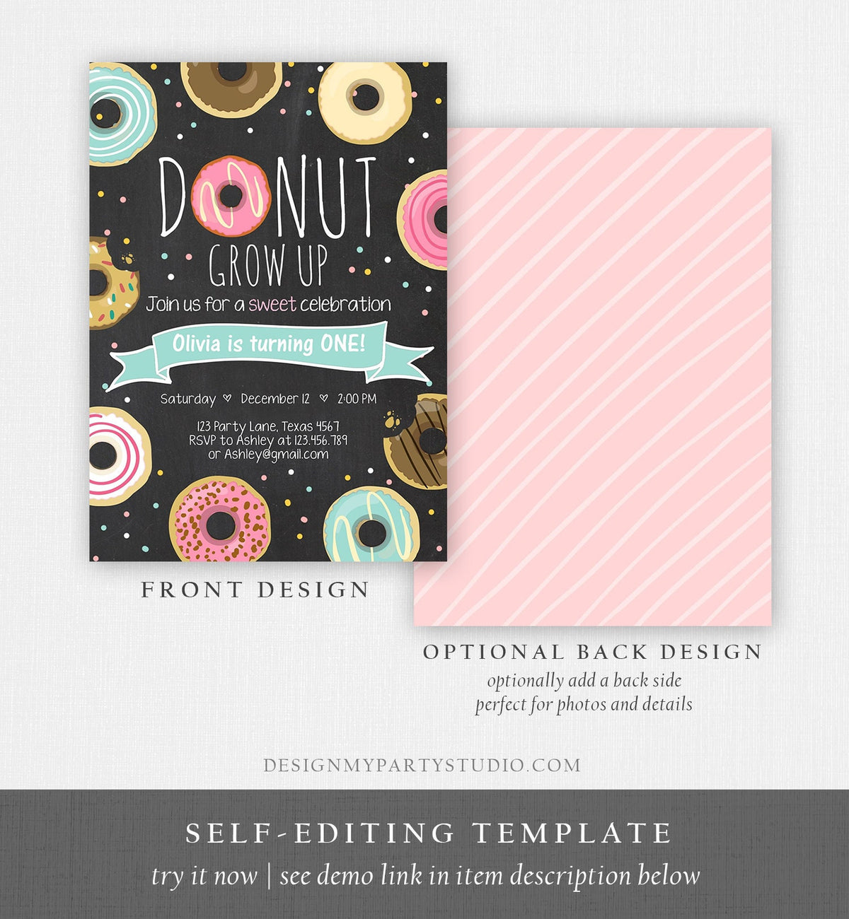 Editable Donut Grow Up Birthday Invitation First Birthday Party Pink Girl Doughnut Chalk Digital Download Printable Template Corjl 0050