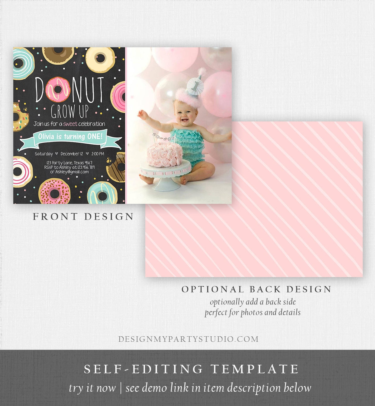 Editable Donut Grow Up Birthday Invitation First Birthday Party Pink Girl Doughnut Chalk Digital Download Printable Template Corjl 0050