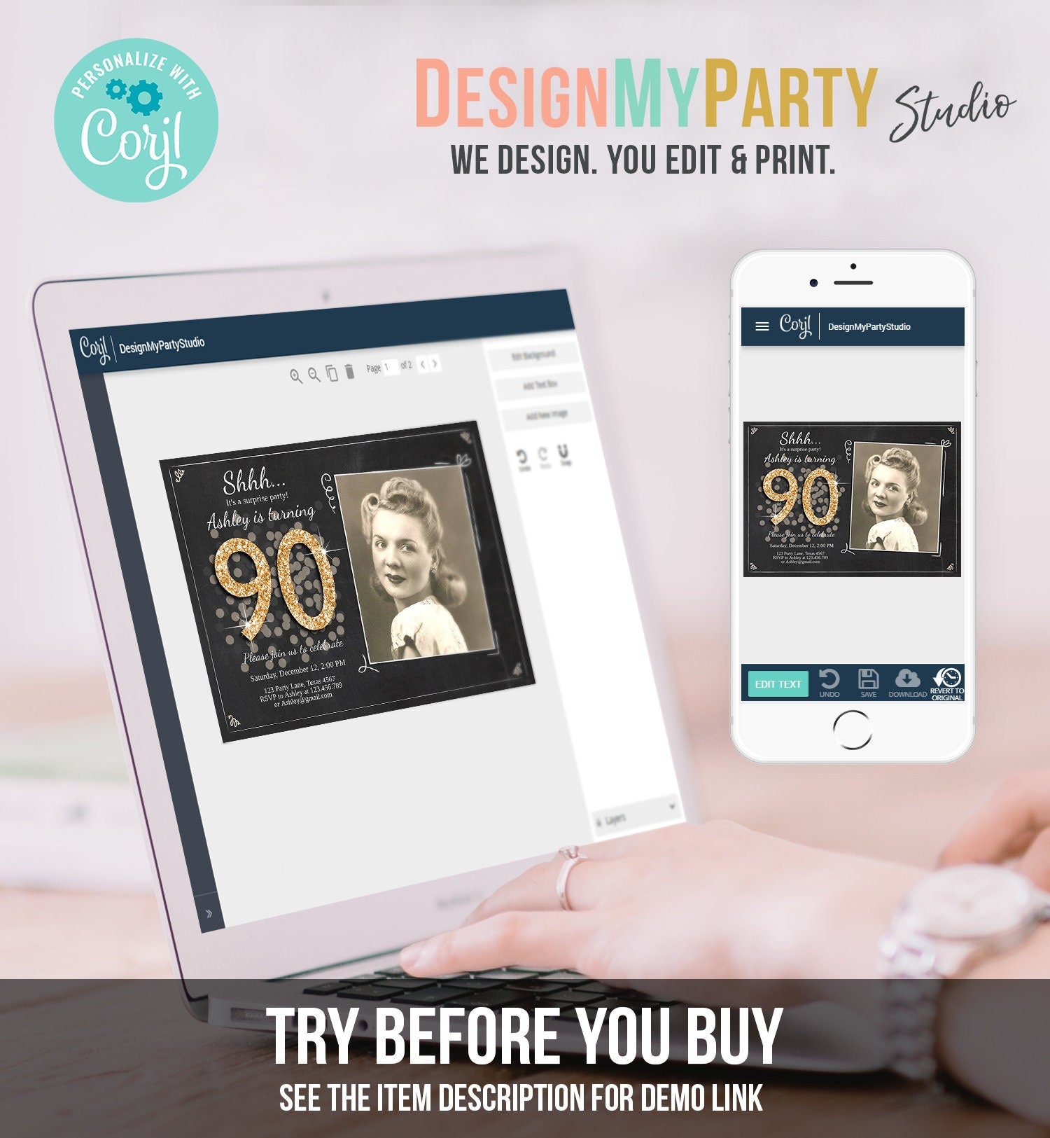 Editable ANY AGE Surprise Birthday Invitation Adult 90th Party Rustic Chalk Black Gold Glitter Photo Download Corjl Template Printable 0103