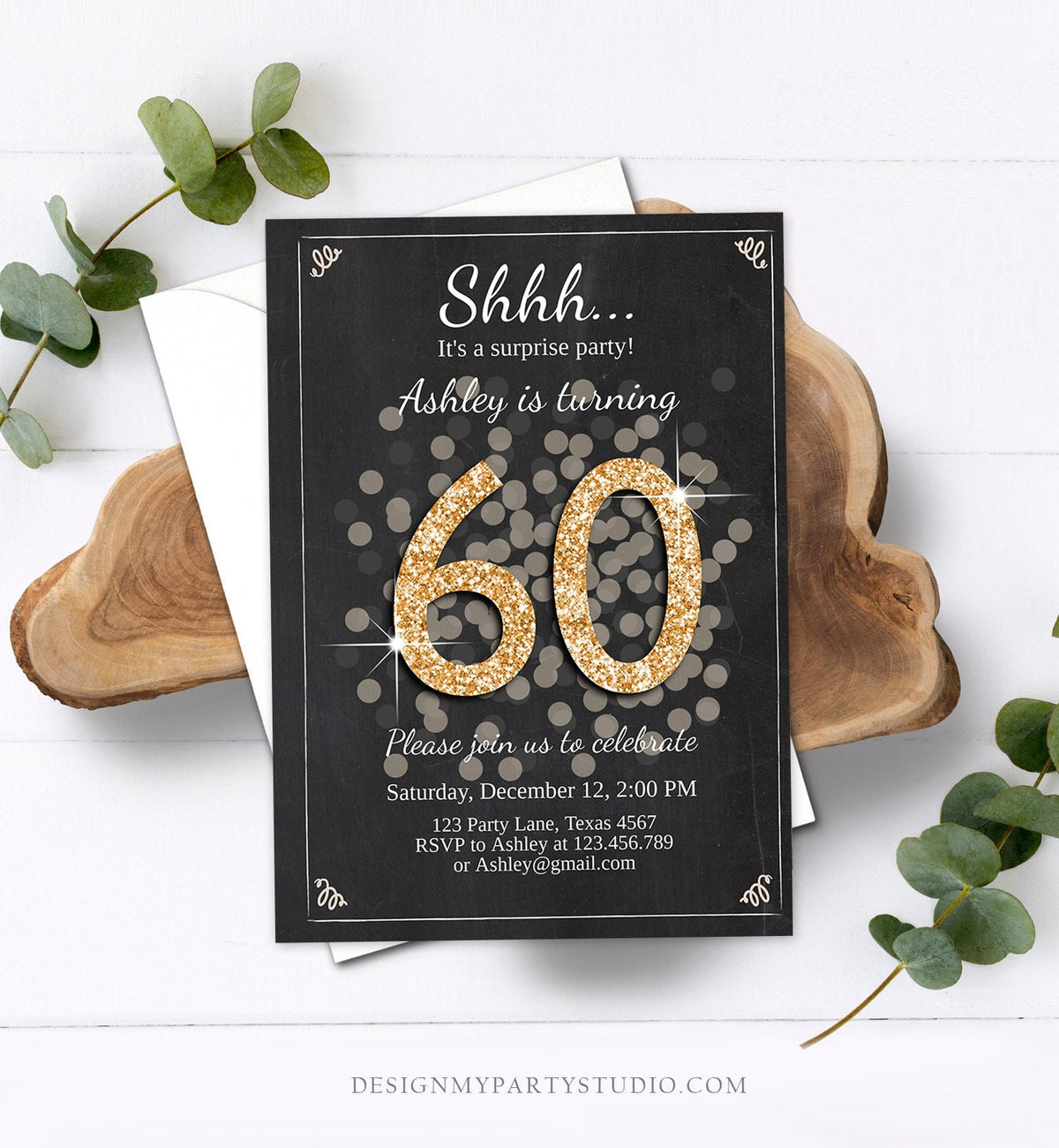 Editable Surprise Birthday Invitation Adult 60th Party Rustic Boho ANY AGE Black Gold Glitter Photo Digital Download Template Printable 0103
