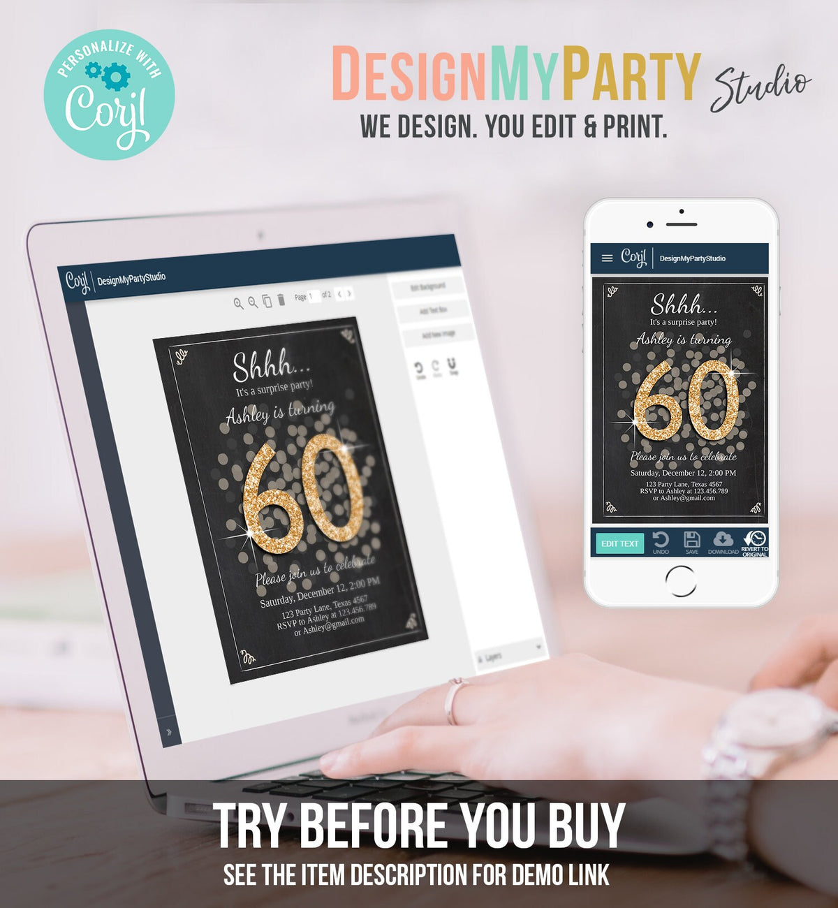Editable Surprise Birthday Invitation Adult 60th Party Rustic Boho ANY AGE Black Gold Glitter Photo Digital Download Template Printable 0103