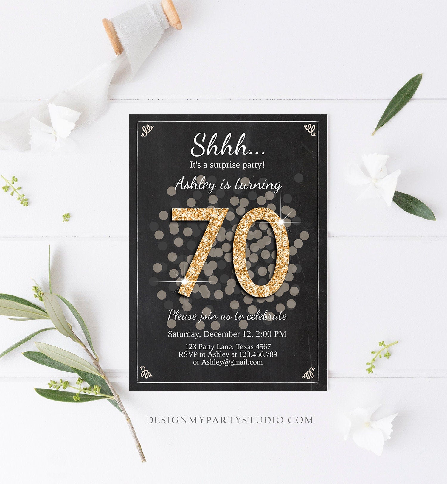Editable ANY AGE Surprise Birthday Invitation Adult 70th Party Rustic Black Gold Glitter Photo Digital Download Template Printable 0103