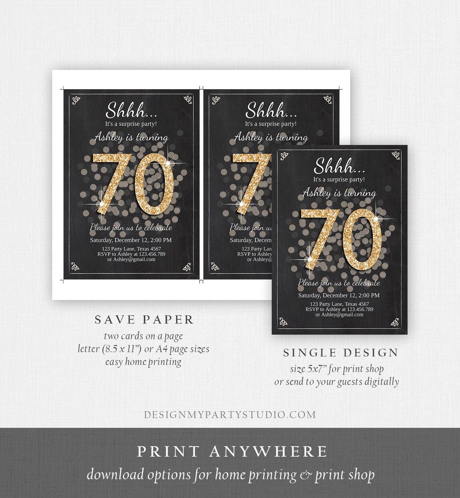 Editable ANY AGE Surprise Birthday Invitation Adult 70th Party Rustic Black Gold Glitter Photo Digital Download Template Printable 0103