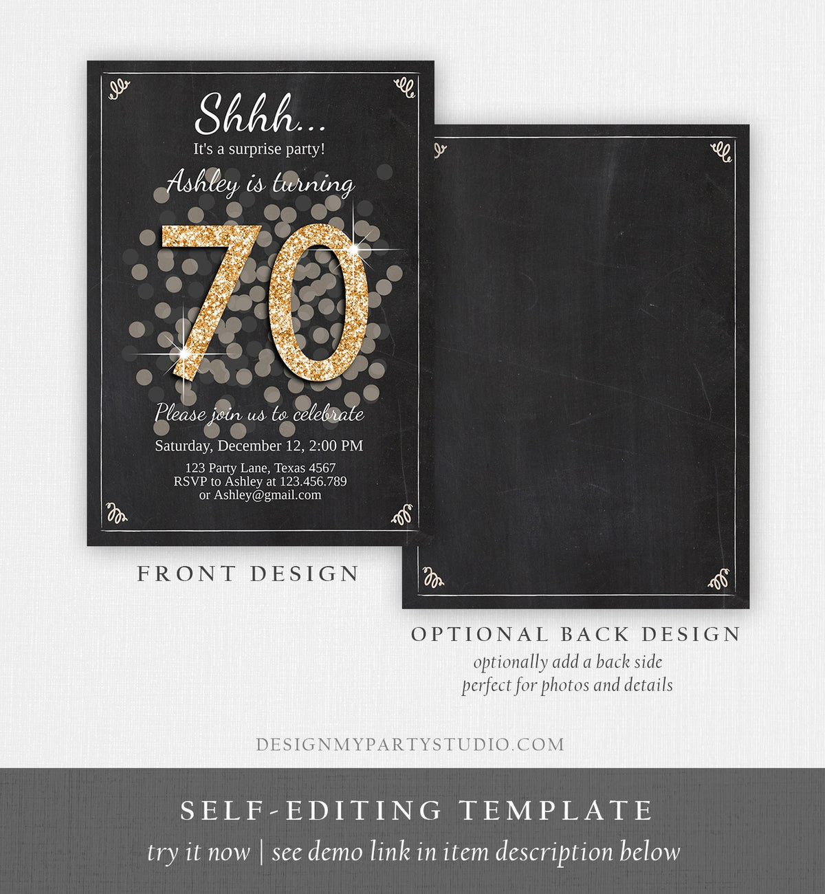 Editable ANY AGE Surprise Birthday Invitation Adult 70th Party Rustic Black Gold Glitter Photo Digital Download Template Printable 0103