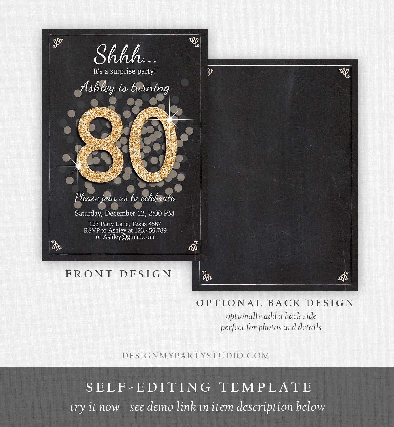 Editable ANY AGE Surprise Birthday Invitation Adult 80th Party Rustic Chalk Black Gold Glitter Digital Download Template Printable 0103