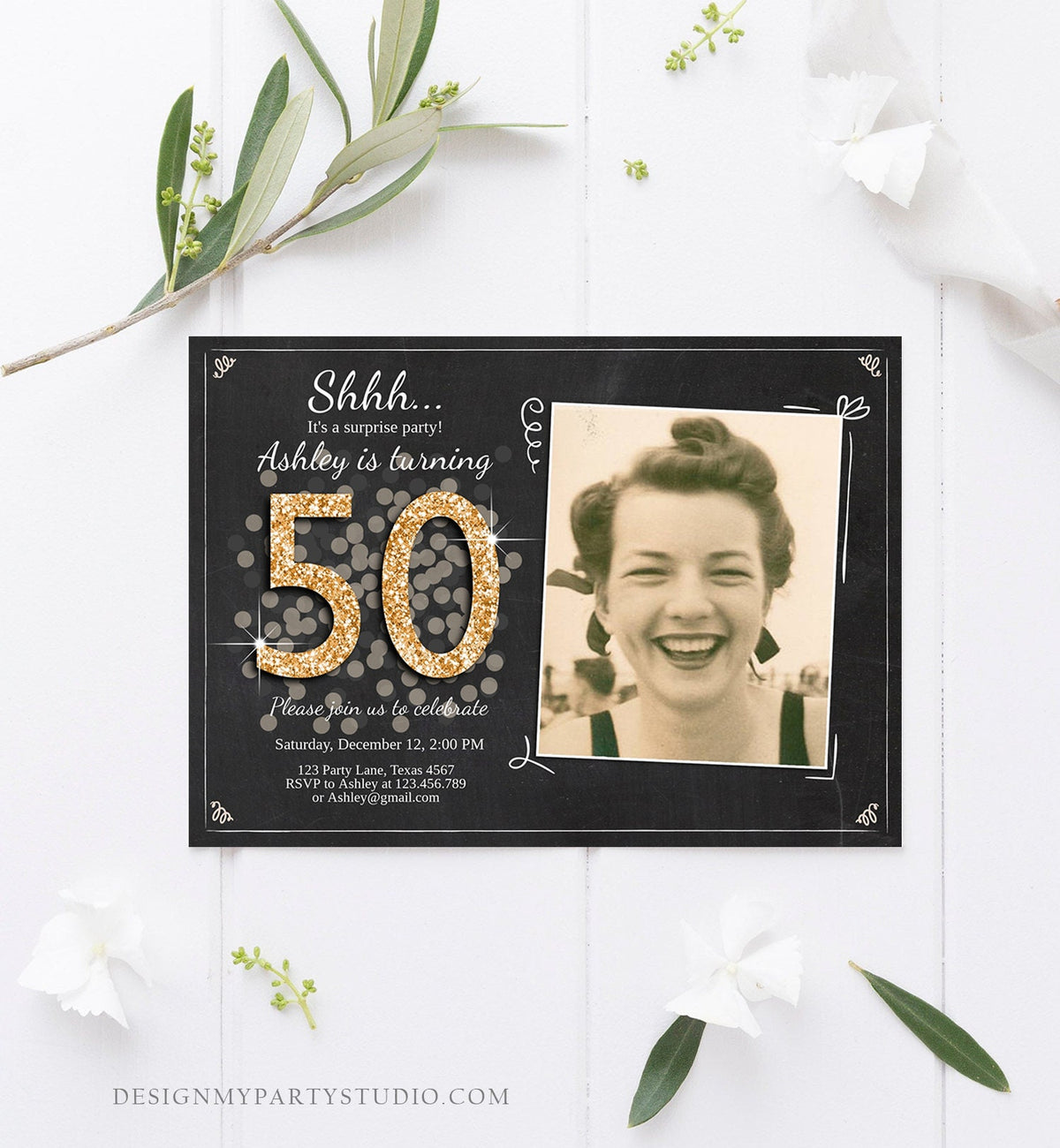 Editable ANY AGE Surprise Birthday Invitation Adult 50th Party Rustic Chalk Black Gold Glitter Photo Download Printable Corjl Template 0103