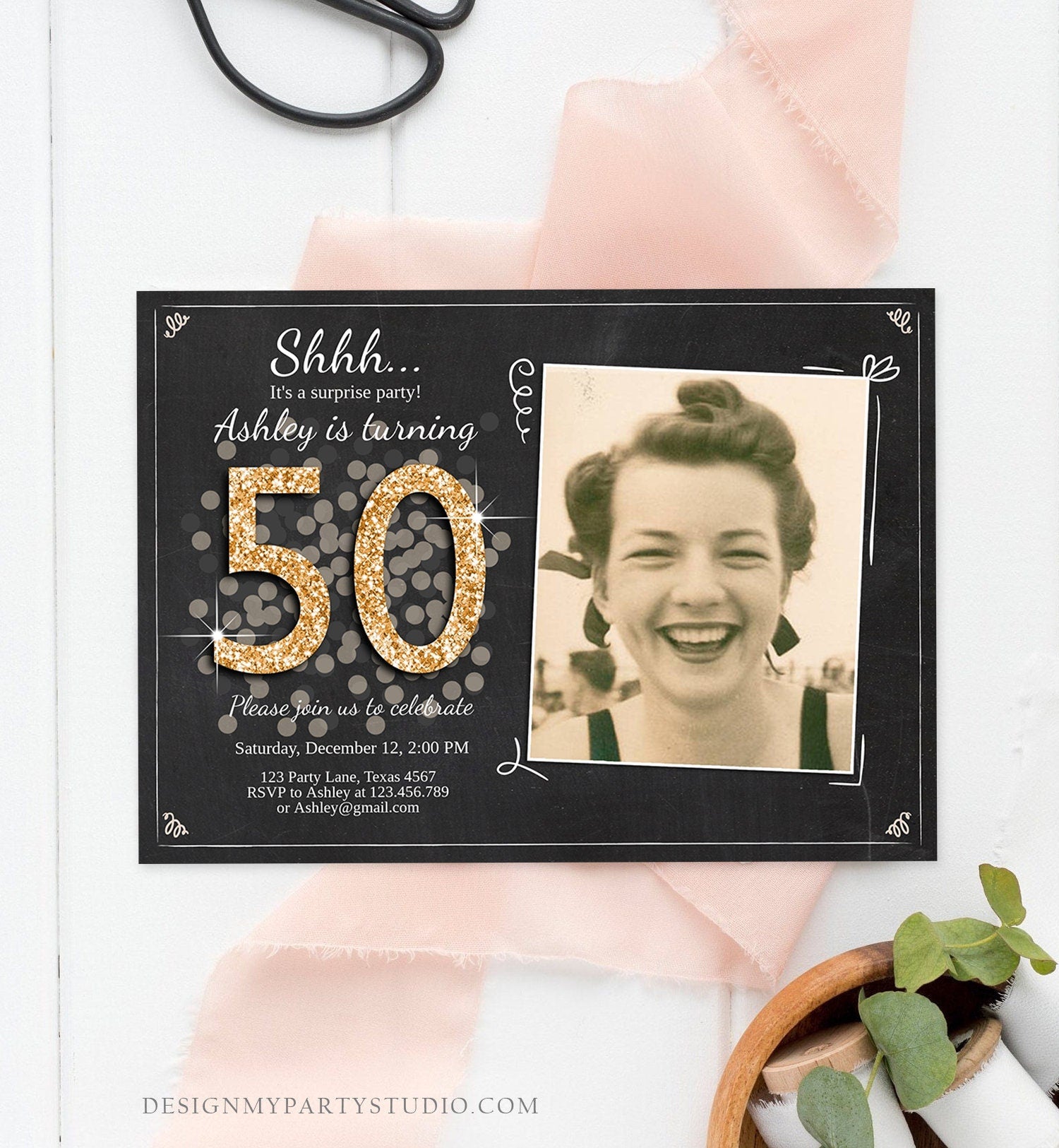 Editable ANY AGE Surprise Birthday Invitation Adult 50th Party Rustic Chalk Black Gold Glitter Photo Download Printable Corjl Template 0103