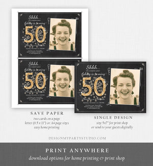 Editable ANY AGE Surprise Birthday Invitation Adult 50th Party Rustic Chalk Black Gold Glitter Photo Download Printable Corjl Template 0103