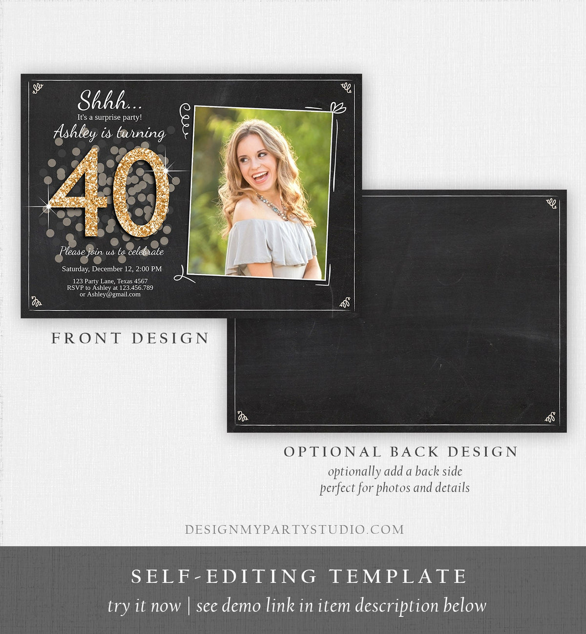 Editable ANY AGE Surprise Birthday Invitation Adult 40th Party Rustic Chalk Black Gold Glitter Photo Download Printable Corjl Template 0103