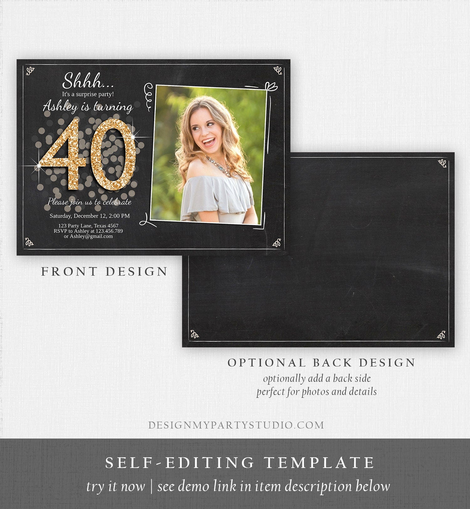 Editable ANY AGE Surprise Birthday Invitation Adult 40th Party Rustic Chalk Black Gold Glitter Photo Download Printable Corjl Template 0103