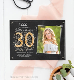 Editable ANY AGE Surprise Birthday Invitation Adult 30th Party Rustic Chalk Black Gold Glitter Photo Download Printable Corjl Template 0103